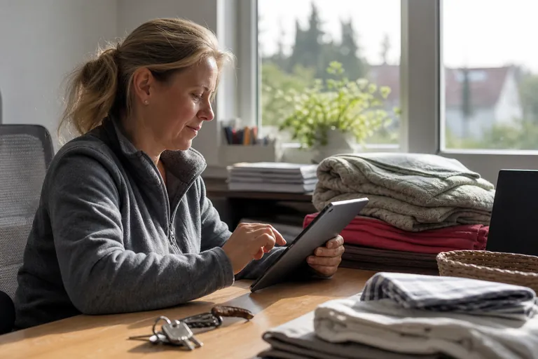 Vermieterin prüft auf einem Tablet Anreisedaten neben mehreren Wohnungsschlüsseln