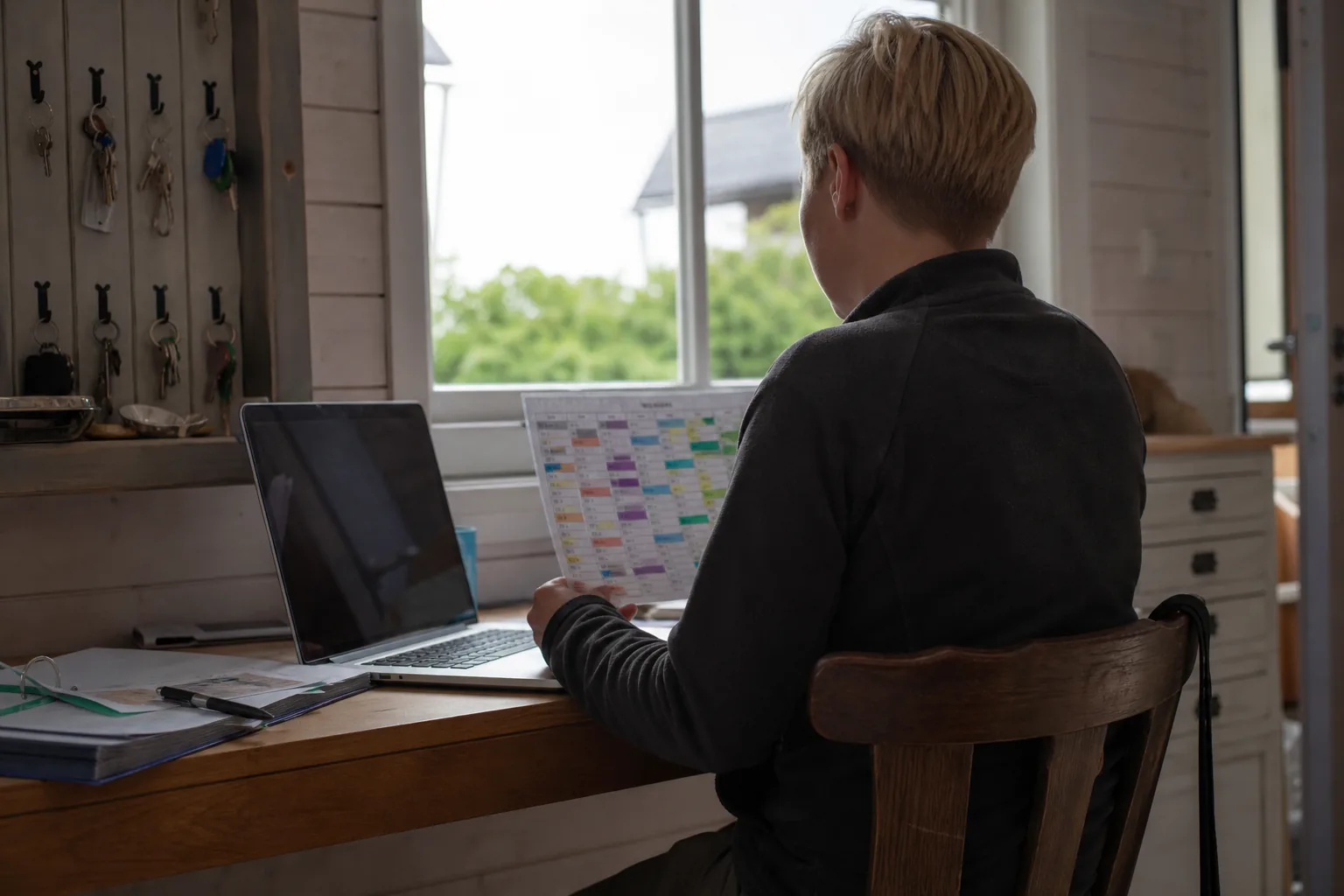 Kalender mit Monatsmarkierungen neben Laptop und Schlüsseln einer Ferienwohnung