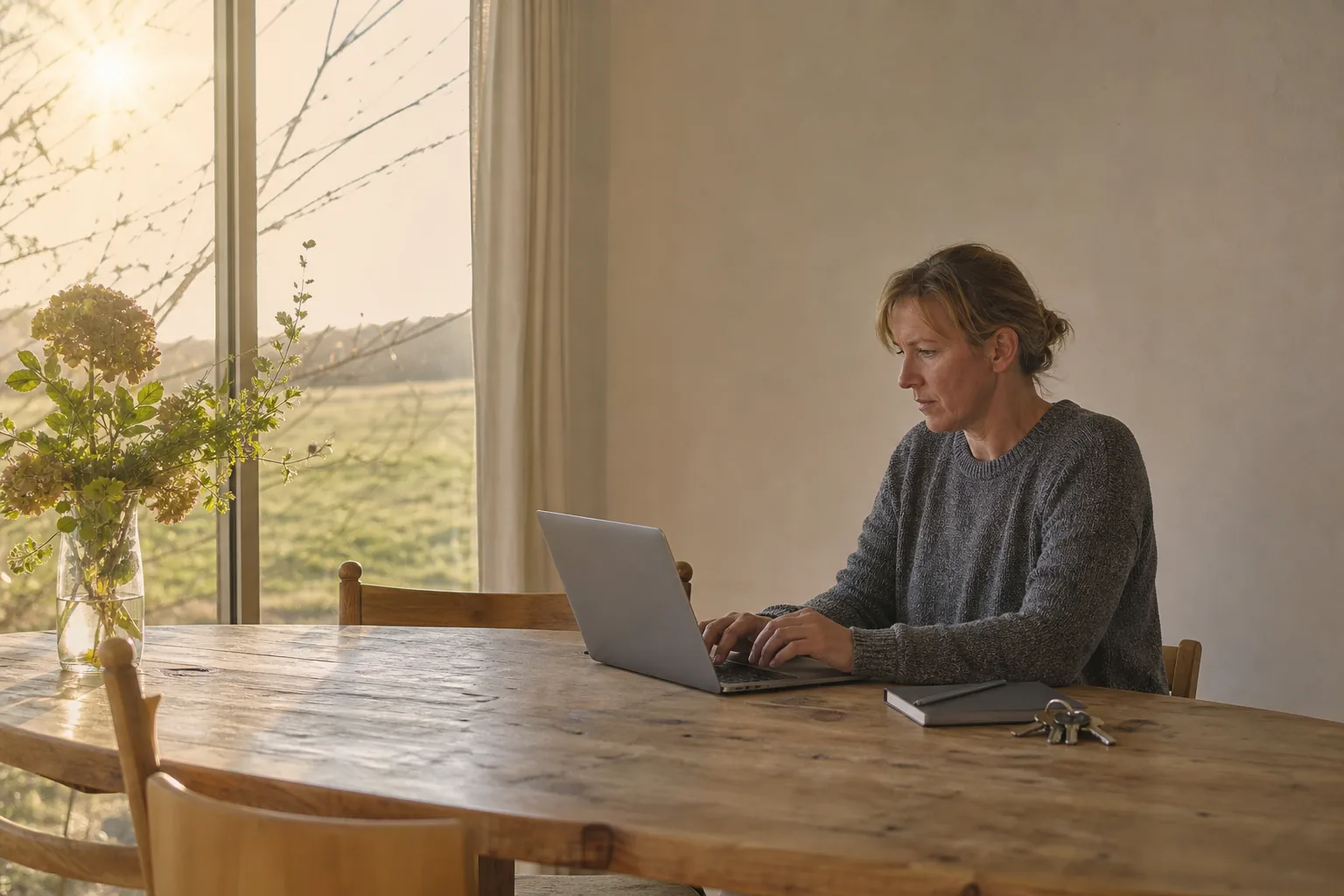 Vermieterin prüft Gäste- und Übernachtungsdaten am Laptop in einer Ferienwohnung.